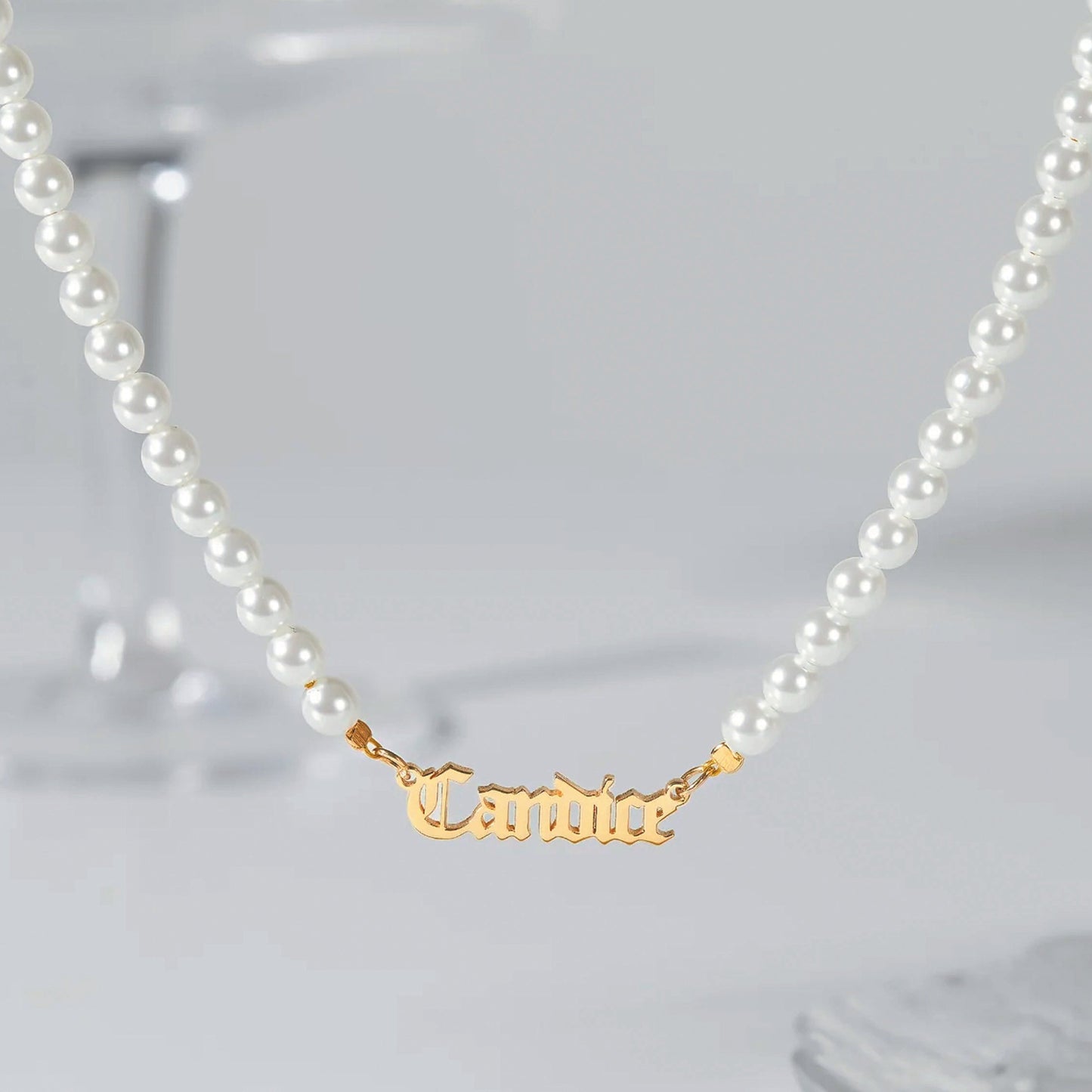 gold pearl name necklace
