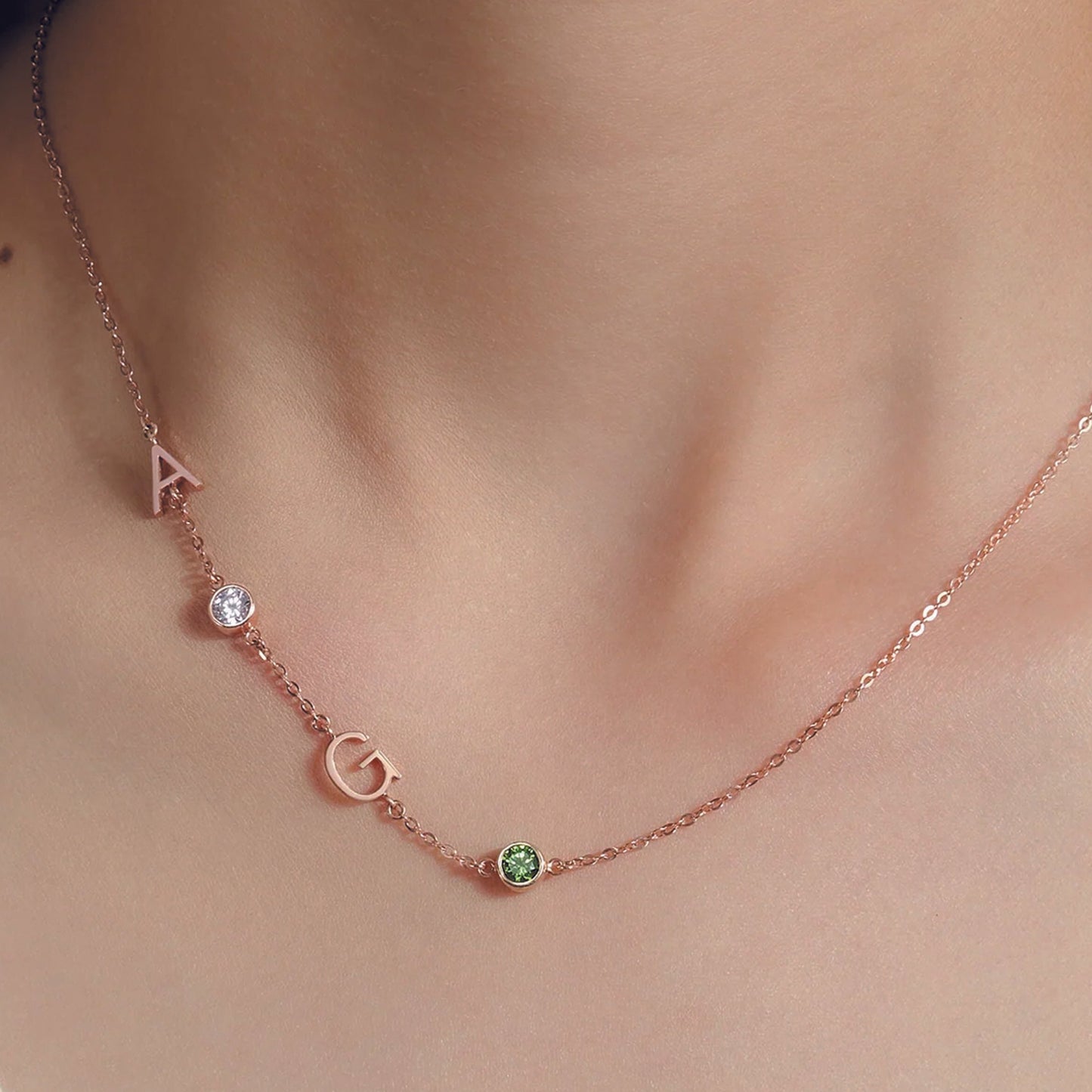 sideways initial birthstone necklace