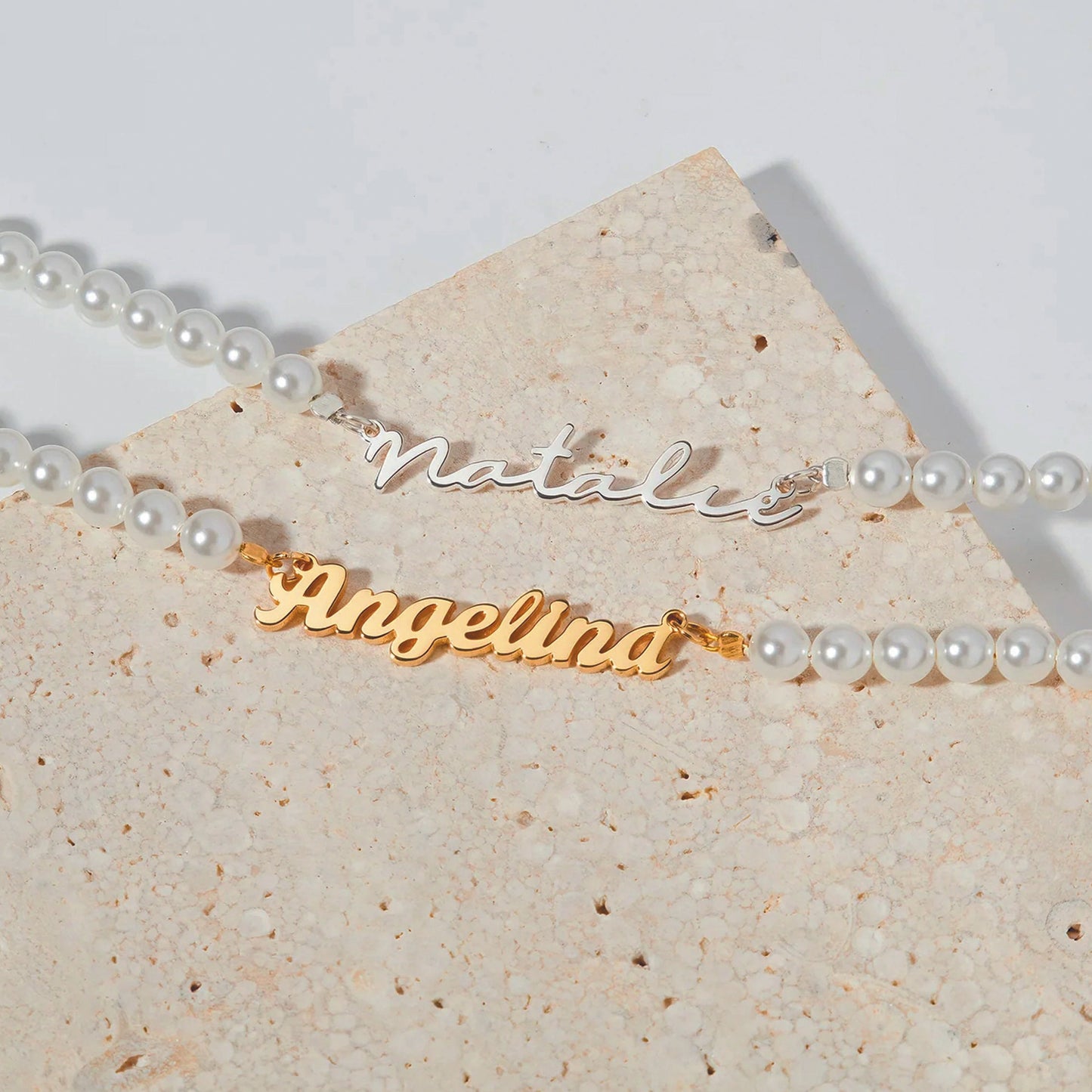 silver pearl name necklace