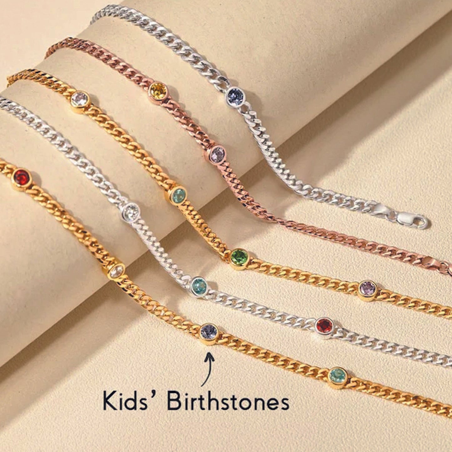silver, gold & rose gold birthstone bracelets
