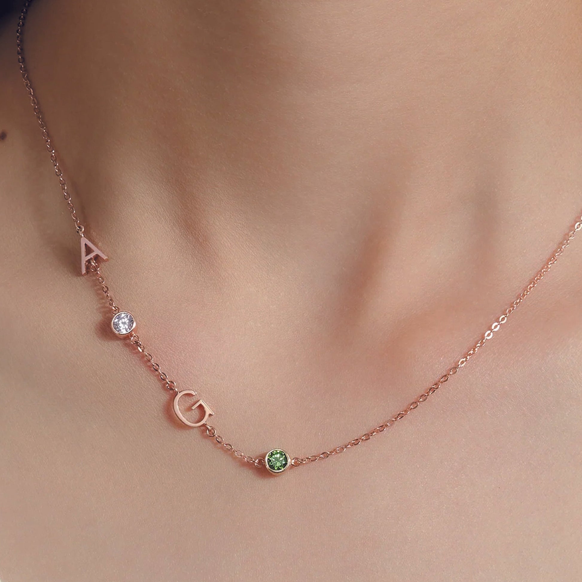 sideways initial birthstone necklace