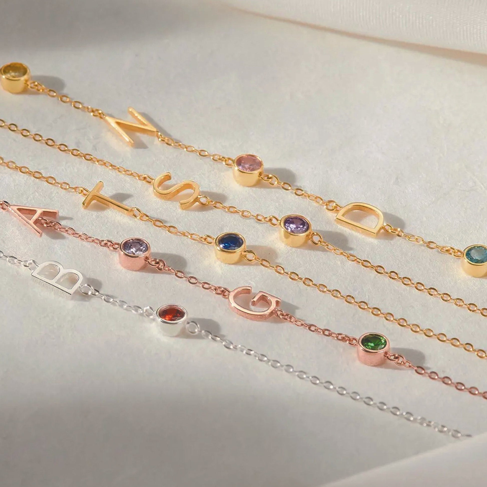 silver, gold, rose gold initial birthstone necklace